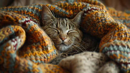 Cozy Domestic Cat Sleeping Under Blanket