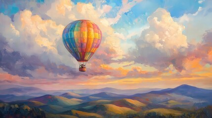 Fototapeta premium Dreamy Hot Air Balloon Journey through Pastel Skies - Cinematic Landscape Painting with Rolling Hills, Mountains, and Clouds for Wanderlust and Travel Inspiration