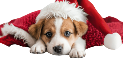 Cute puppy wearing a Santa hat on white background