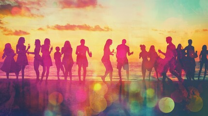 Fototapeta premium Sunset Beach Party Delight: Lively Double Exposure of Young People Dancing and Socializing with Drinks on Pastel Background