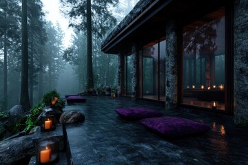 A tranquil forest terrace scene features plush purple cushions and gentle candle light, creating a serene ambiance surrounded by towering trees and misty air.