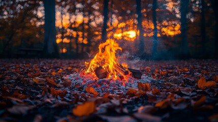 A cozy campfire surrounded by autumn leaves at sunset, creating a warm atmosphere.