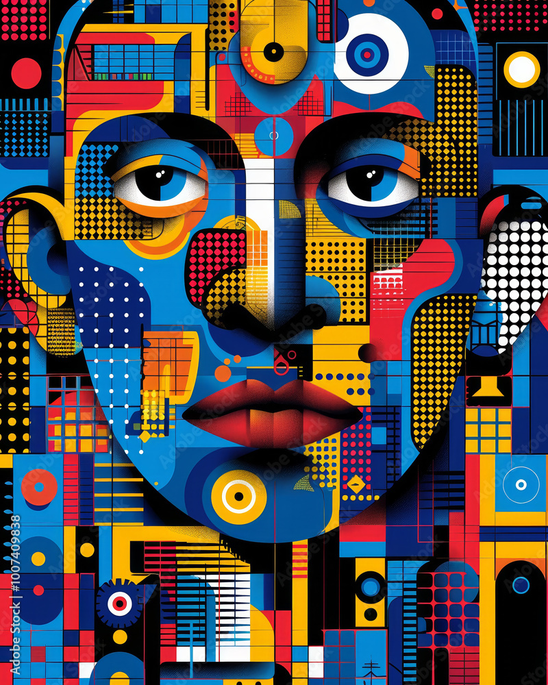 Poster a striking portrait features an abstract face embellished with colorful geometric patterns