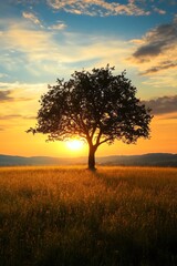 Fototapeta premium Silhouetted Tree in a Field at Sunset, Nature Photography