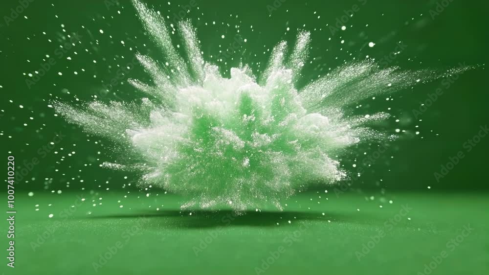 Poster white powder creating a dynamic explosion on a solid green screen background, perfect for compositin