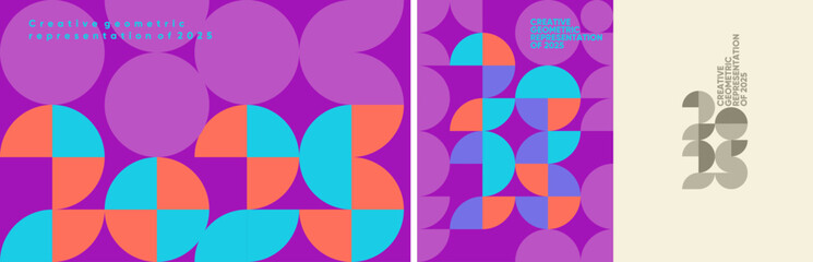 A creative geometric representation of 2025, using vibrant purple, blue, and orange tones in a modern vector design. Ideal for branding, exhibition materials, and sale banners.