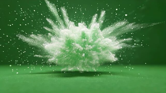 White powder creating a dynamic explosion on a solid green screen background, perfect for compositing and visual effects
