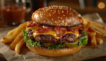 Juicy Steak Burger with Melted Cheese and Lettuce