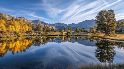 Fototapeta premium Bishop Canyon, autumn colors, and a blue lake in California, USA.