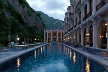 A grandiose mansion alongside an exquisite pool, set against the backdrop of majestic mountains, complete with sophisticated architecture and opulent design details.