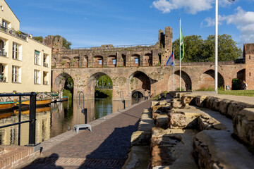 Historic facade remains of medieval city Zutphen in The Netherlands with ruins of the Berkelpoort...