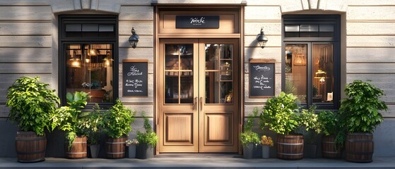 Charming cafe entrance featuring wooden doors and potted plants, inviting visitors to enjoy a cozy dining experience.