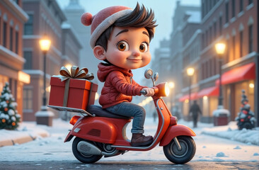 Courier on a retro scooter with a gift box with a bow behind his back against a winter cityscape. Christmas and New Year delivery. Generated AI