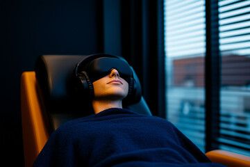 Young man relaxing in a chair with an eye mask and headphones in a ketamine therapy clinic