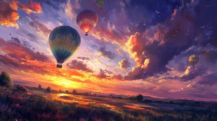 Dreams Aloft: Serene Sunrise Hot Air Balloon Journey Painting