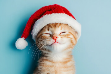 happy cat in a New Year's red cap on a blue background. cute cat waiting for the holiday. Santa Claus hat. New Year banner with place for text. cheerful pet