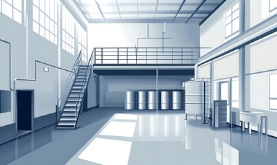 Obraz premium Industrial Interior with Metallic Equipment and Sunlight