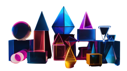 Geometric shapes illuminated by vibrant colors on white background
