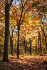 Obraz premium Golden autumn leaves on trees in forest