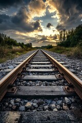 Obraz premium Railroad Tracks Leading To Sunset, Journey, Travel, Adventure Concept