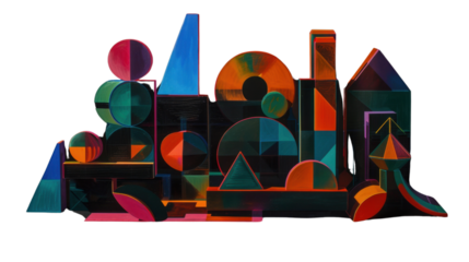 Geometric shapes illuminated by vibrant colors on white background