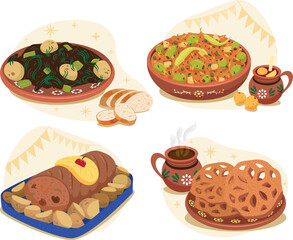 Ilustración de cena popular de navidad México. Romeritos bacalao lomo relleno ponche y buñuelos