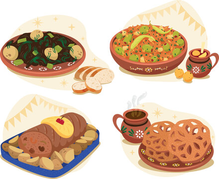 Ilustraci&oacute;n de cena popular de navidad M&eacute;xico. Romeritos bacalao lomo relleno ponche y bu&ntilde;uelos