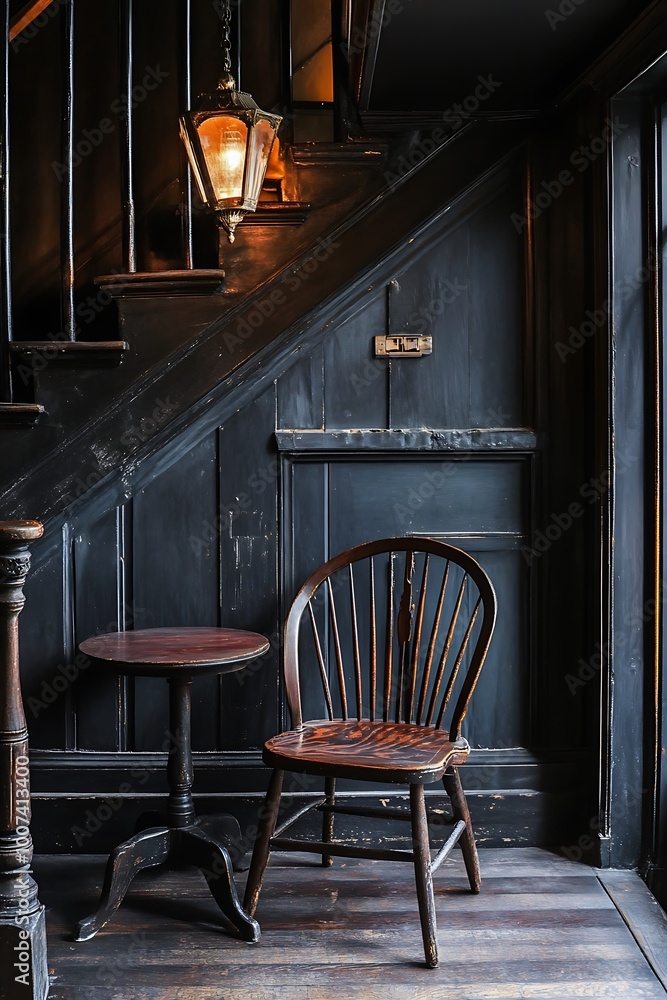 Canvas Prints Dark wooden chair and table in a dimly lit room with a staircase and lantern. Vintage interior design, cozy and atmospheric.