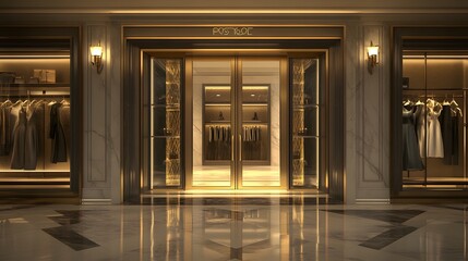 Elegant boutique entrance with golden accents, showcasing luxurious clothing collections in a sophisticated ambiance.