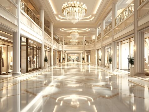 Elegant shopping mall interior with luxurious chandeliers, polished marble floors, and stylish boutiques displaying glamorous items.