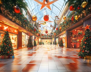 Festive shopping mall adorned with colorful Christmas decorations, glowing ornaments, and beautifully decorated trees.