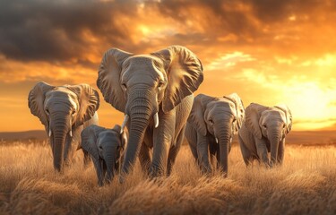 Obraz premium An elephant herd crosses the Maasai Mara National Reserve in Kenya