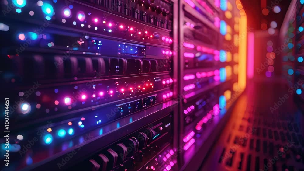 Aufkleber close up of network cables in data center with colorful lights