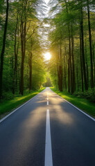 Fototapeta premium AI generator image of Car travel on the road,Road in foggy forest in rainy day in spring. Beautiful mountain curved roadway, trees with green foliage in fog and overcast sky. Landscape with empty asph