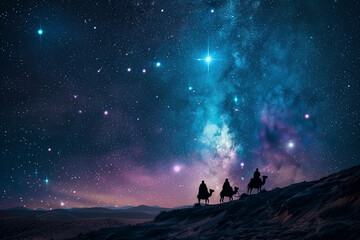 Three Wise Men from the East Follow the Star of Bethlehem Riding Camels to See Jesus’s Birth Bringing Gifts on Christmas Night