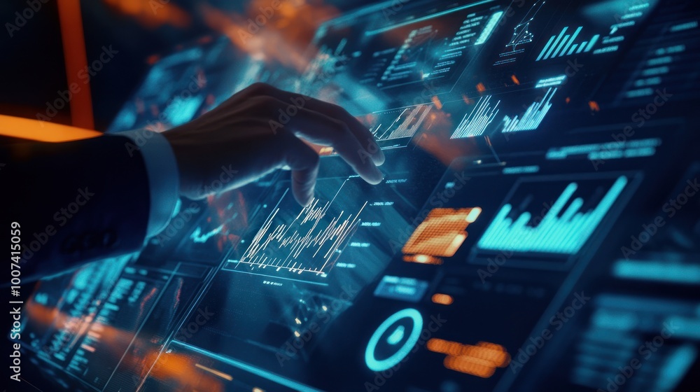 Poster businessman interacting with data on interactive screen