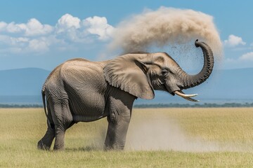 Obraz premium African elephant spraying dust on itself in Amboseli National Park