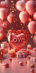 AI generator image of  Valentine's Day card with the word "Love" in large letters, surrounded by balloons and gifts, heart-shaped red roses, candles, a pink background