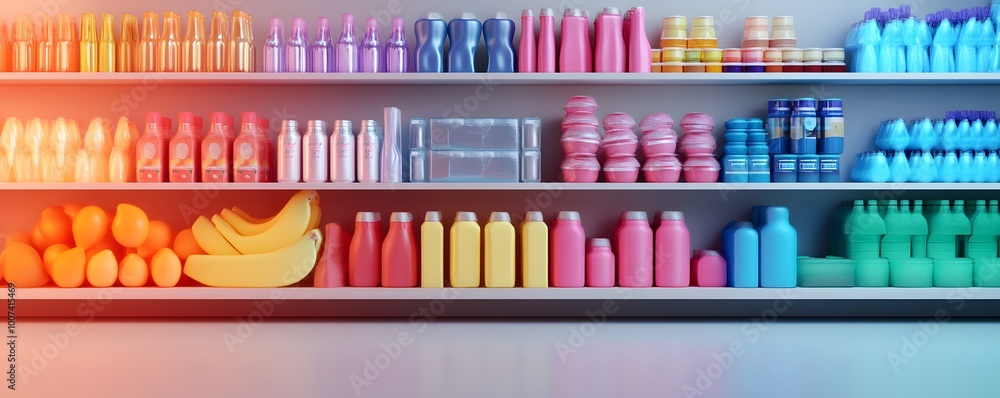 Poster vibrant shelf stocked with colorful bottles, cans, and fresh produce, creating an inviting and organ