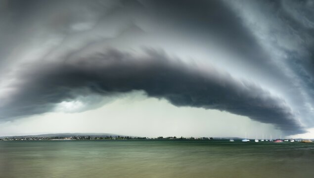 Dramatic sky with dark clouds, shelf cloud, over a calm lake, Allensbach, Untersee, Lake Constance, Constance District, Baden-W&uuml;rttemberg, Germany, Europe