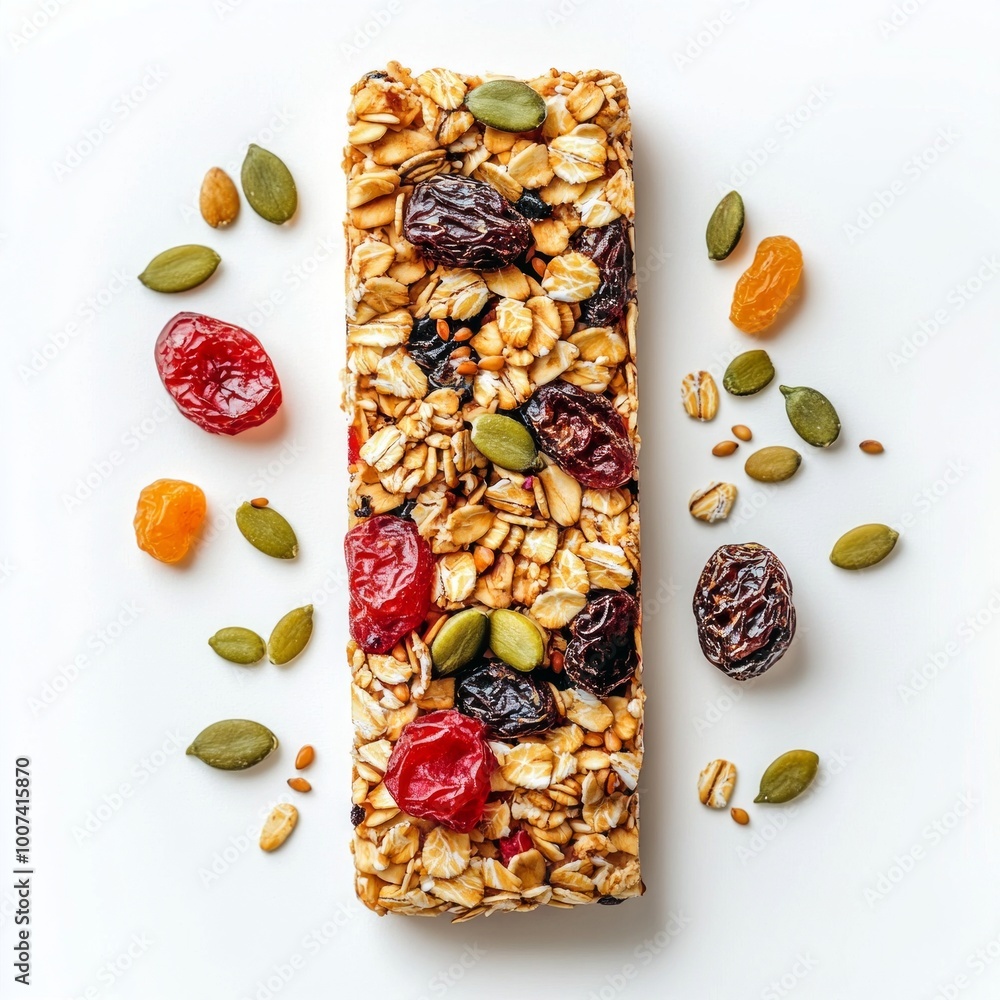 Wall mural Granola bar with nuts and dried fruits. A healthy snack perfect for energy on the go. Simple, nutritious, and flavorful. Decorated with colorful seeds and berries. AI