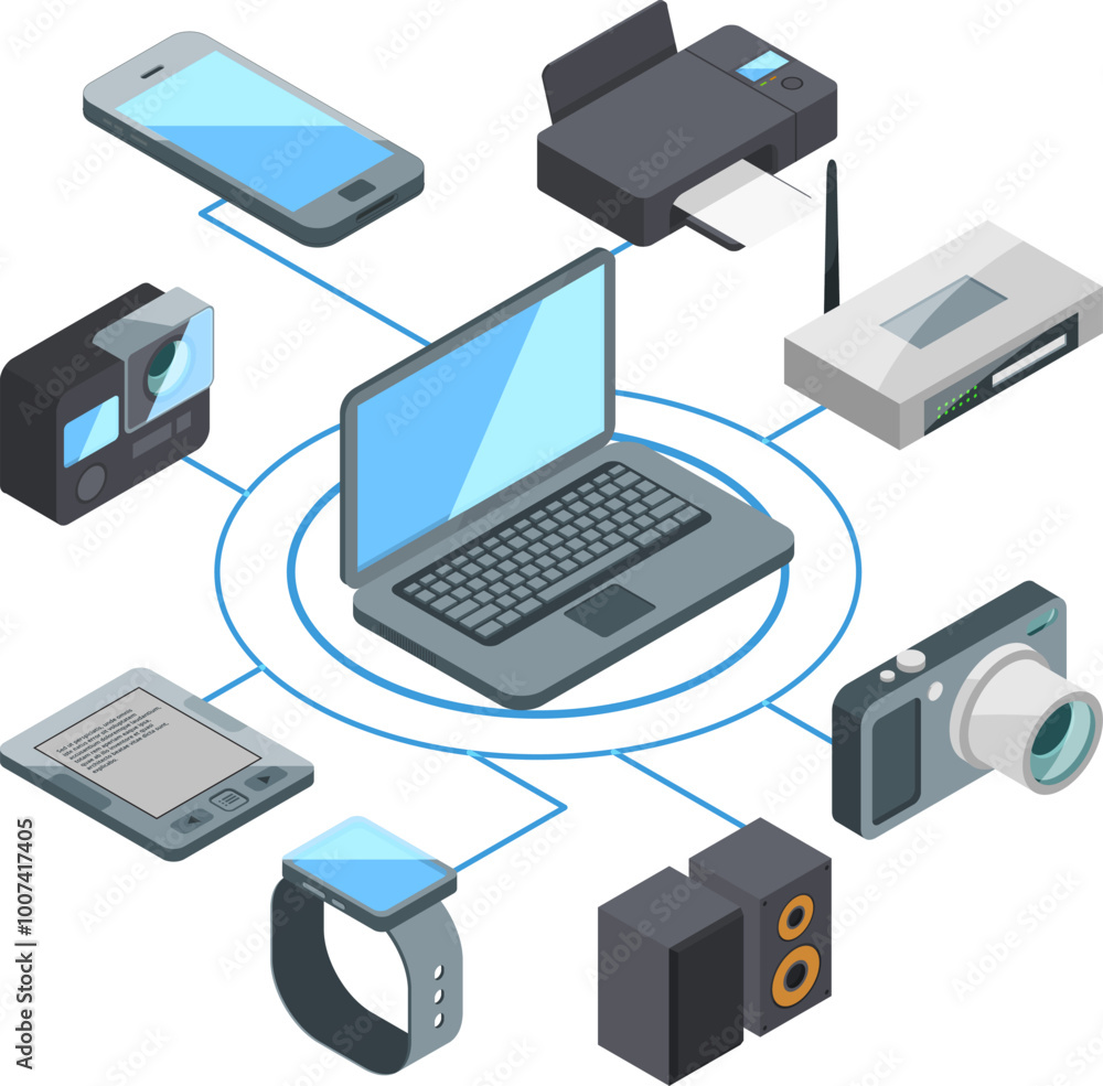 Aufkleber isometric computer ecosystem devices network icon set
