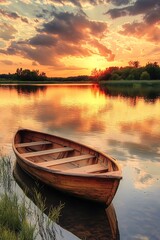 Obraz premium Wooden Rowboat at Sunset on Calm Lake
