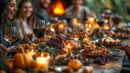 A festive gathering with a beautifully arranged dinner table filled with food and drinks.