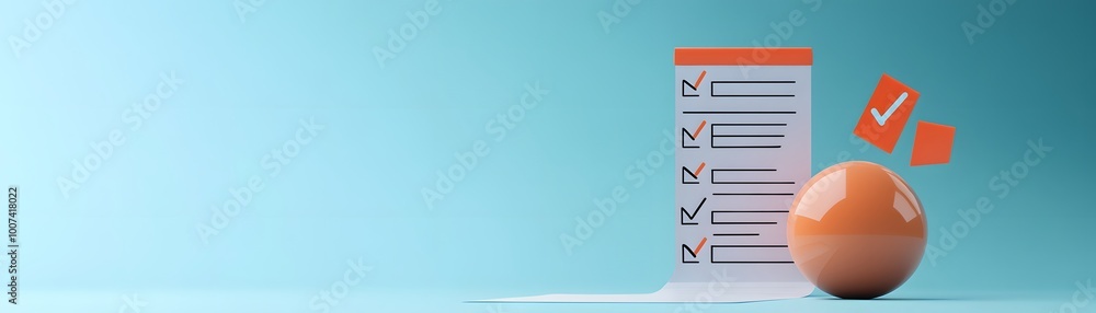Poster a modern checklist design featuring a checklist on a blue background with a 3d sphere, symbolizing o