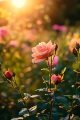 Obraz premium Pink rose flower blooming in the garden during golden hour sunset.