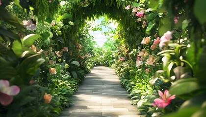 A serene pathway surrounded by lush greenery and vibrant flowers, inviting peaceful strolls through nature's beauty.