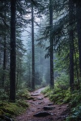 Obraz premium Mysterious path leading through misty forest with tall trees, nature photography