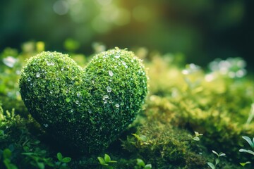 A heart made of moss is sitting on a green field, generative ai image