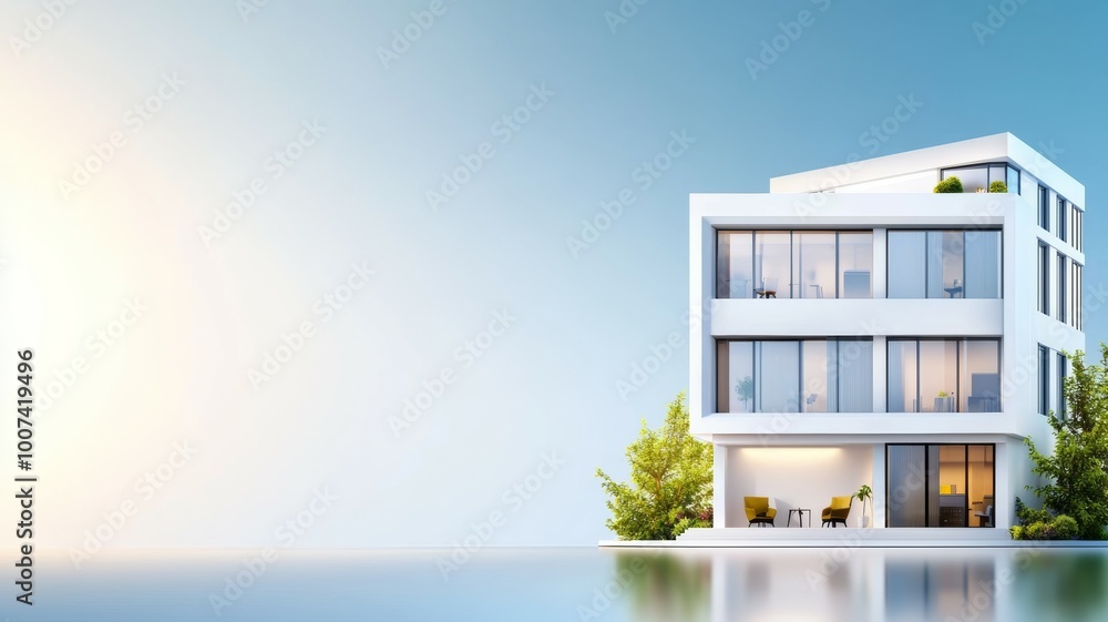 Poster a large white building with a green tree in front of it